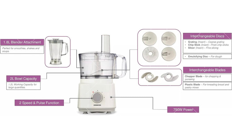 Kenwood Food Processor 750W Multi-Functional with 3 Interchangeable Disks, Blender, Whisk, Dough Maker FDP03 White (2 Year Warranty)