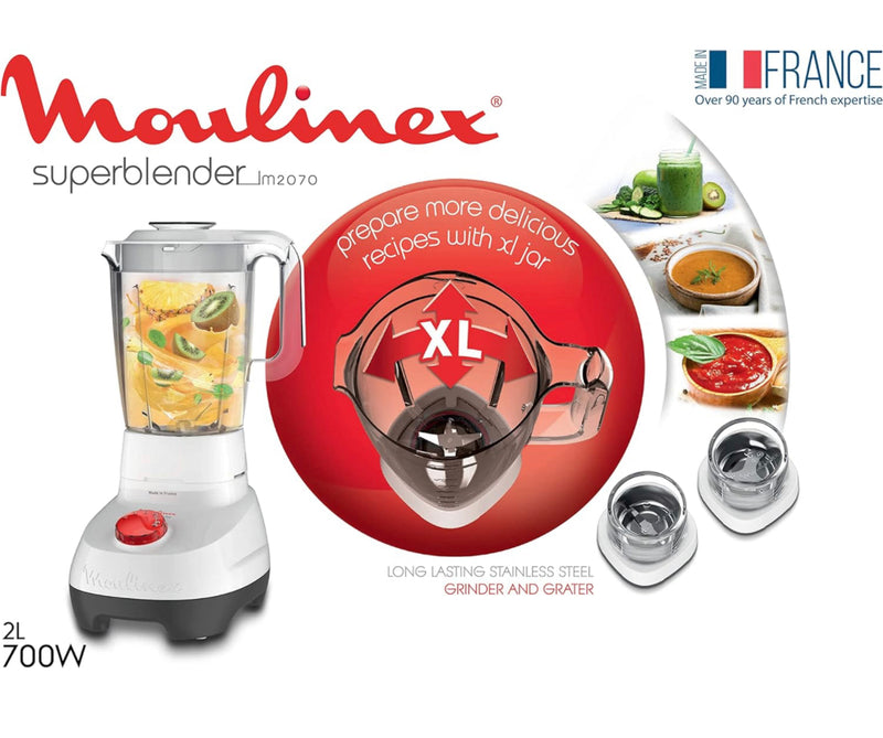 Moulinex super blender with grinder and grater, 2 liter, 700 watt, white - LM207125
