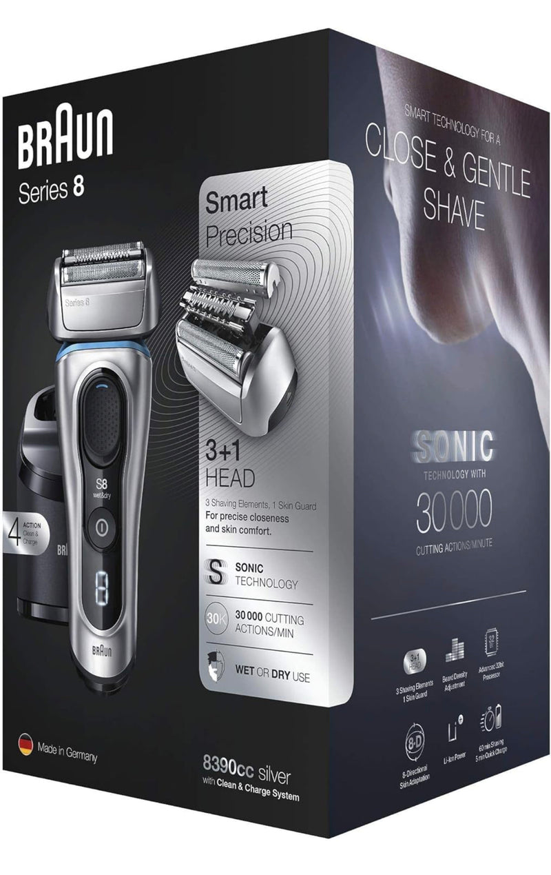 Braun Series 8 8390cc Wet & Dry Shaver With Clean & Charge System And Travel Case - Silver