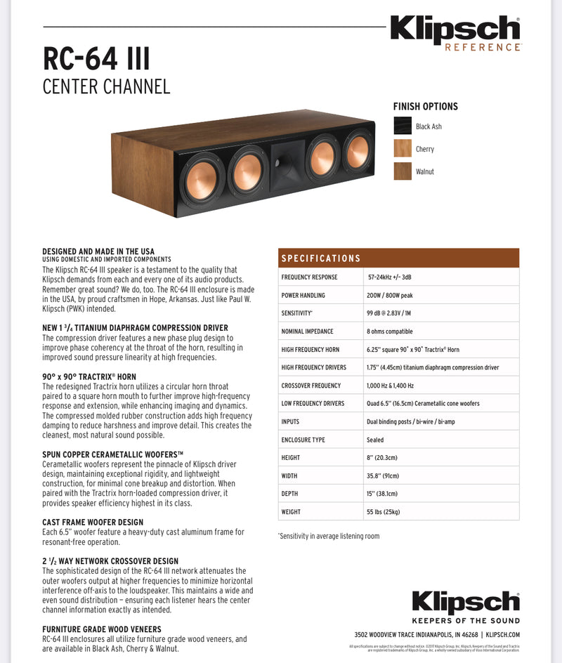 Klipsch RC-64 III
CENTER CHANNEL SPEAKER (Black Ash)