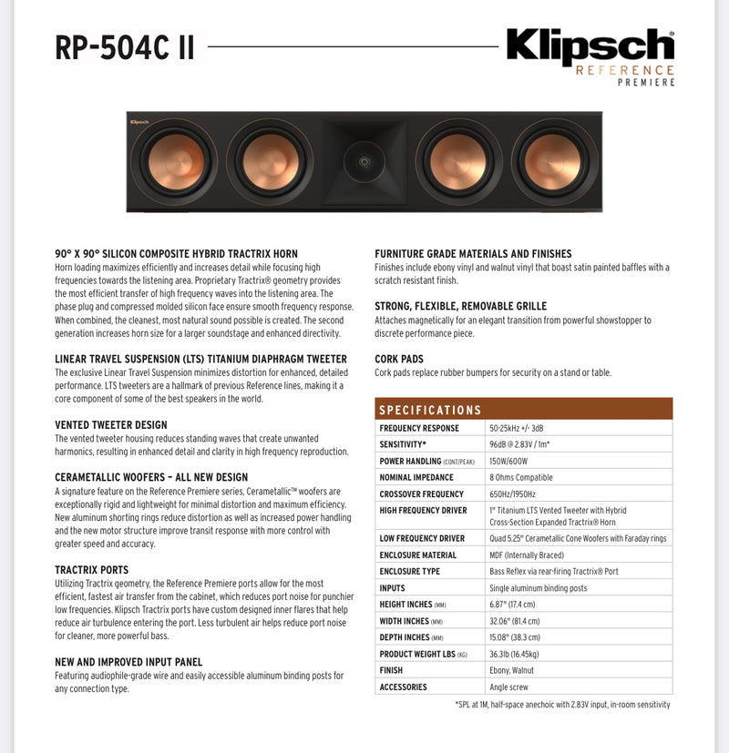 Klipsch RP-504C II
CENTER CHANNEL SPEAKER