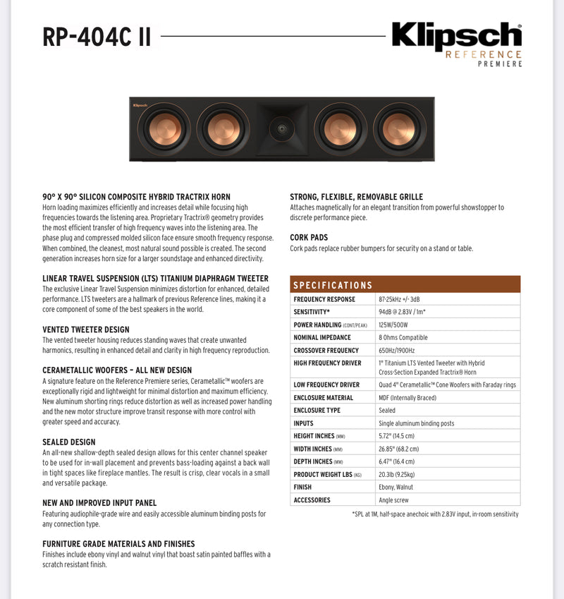 Klipsch RP-404C II Ebony
CENTER CHANNEL SPEAKER