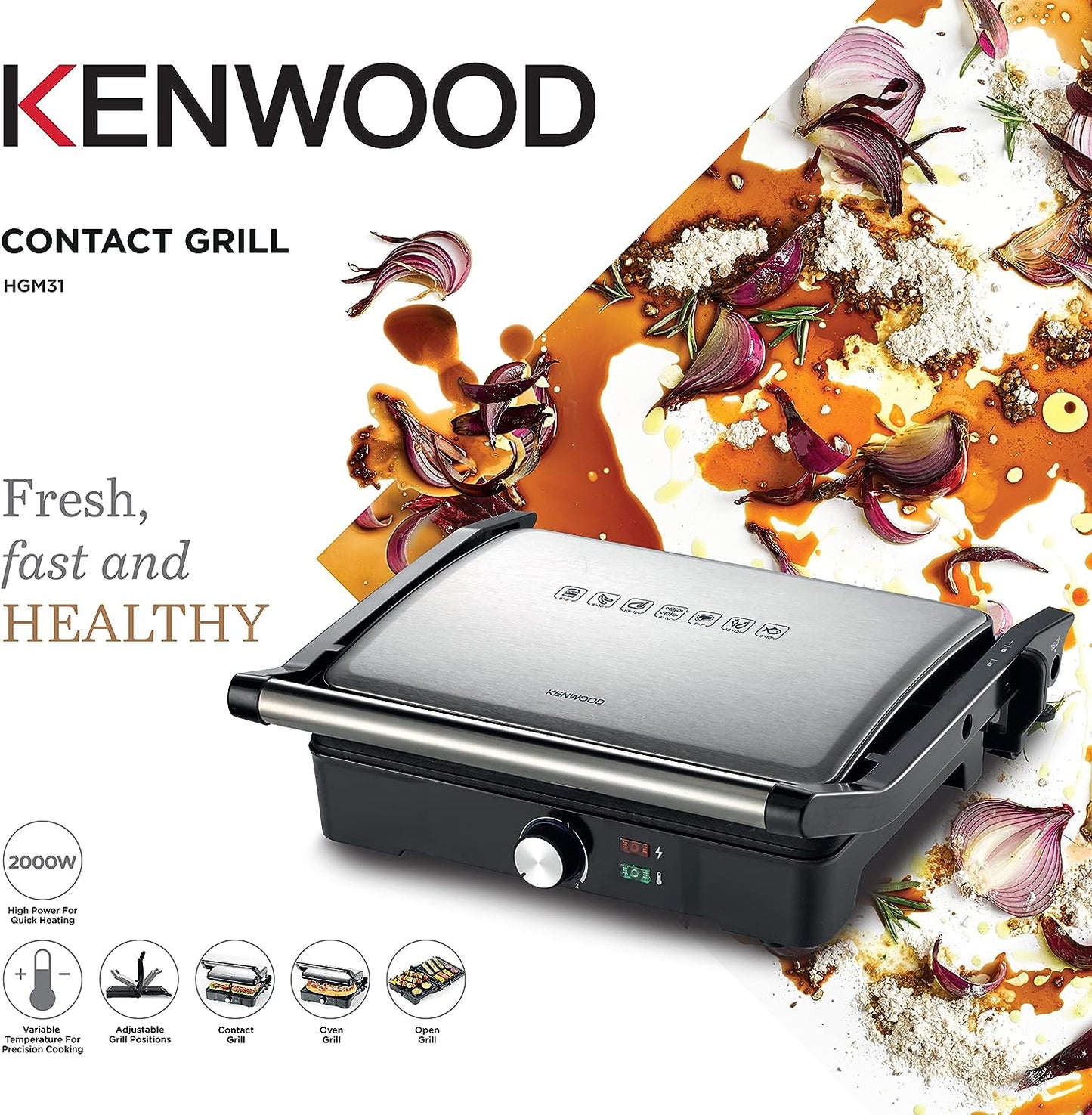 Kenwood contact grill,2000w, adjustable grill positions, silver,HGM31.000SI