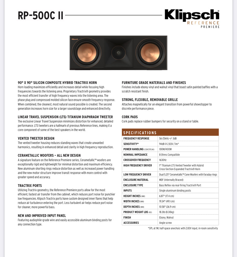 Klipsch RP-500C II
CENTER CHANNEL SPEAKER