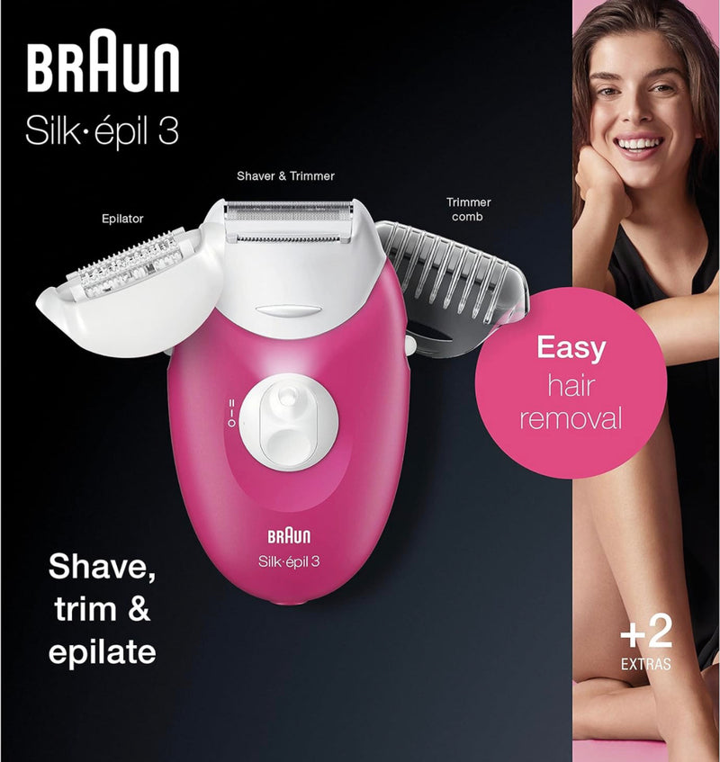 Braun Silk epil 3 3-410 epilator raspberry pink - Corded epilator with 3 extras